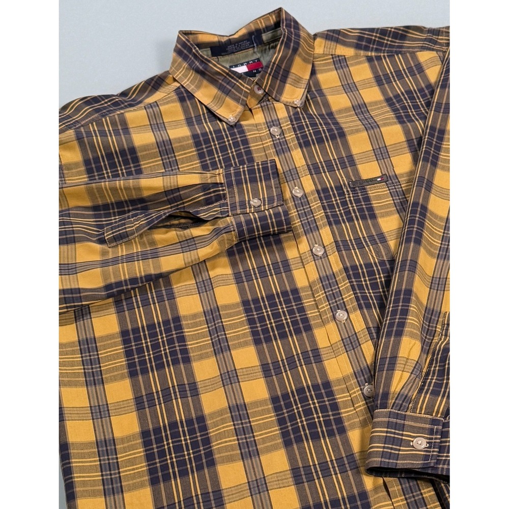 Vintage 90s Tommy Jeans Mens M Plaid Button Up Shirt Yellow Blue Long Sleeve